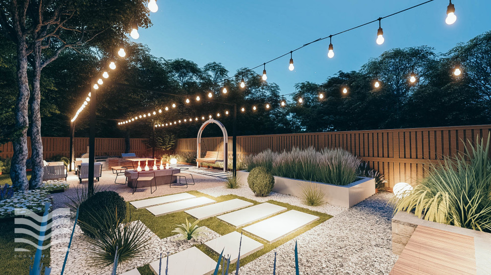 Inspiration for a mid-sized modern backyard partial sun formal garden in Seattle with with privacy feature and concrete pavers.