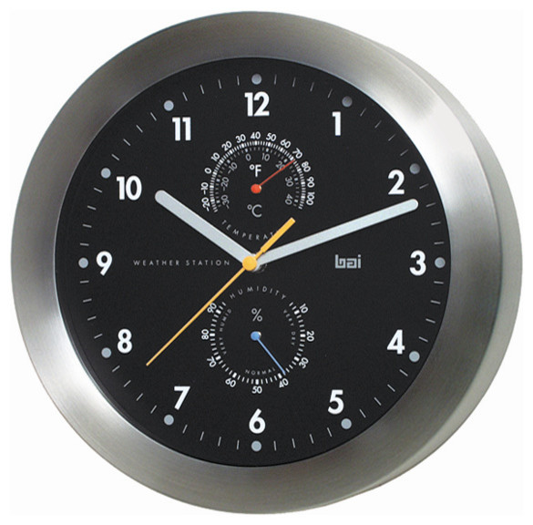 11" Brushed Aluminum Weather Station Wall Clock Black Wall Clocks