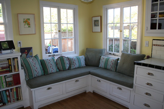 Banquette seating enlarges a small kitchen