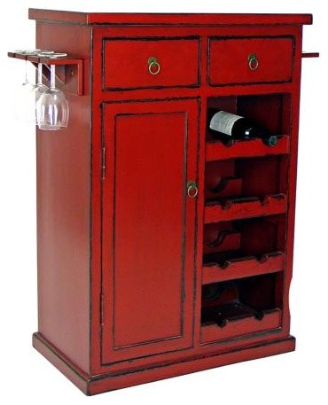 Hand-Painted Red Finish Solid Birch Wine Cabinet