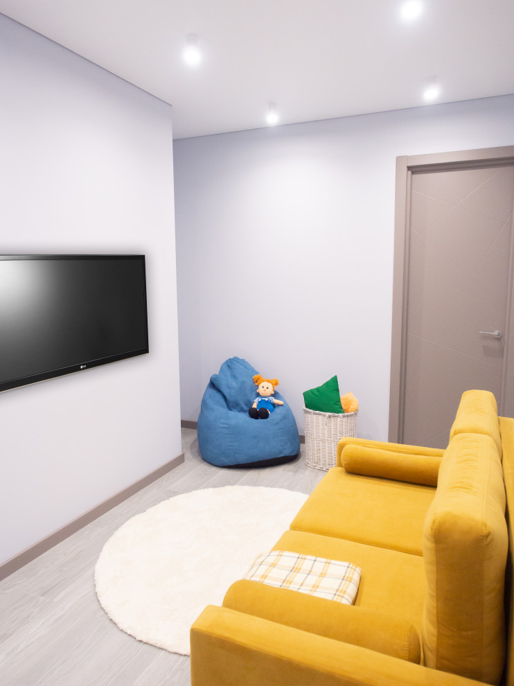 Идея дизайна: нейтральная детская среднего размера в современном стиле с спальным местом, синими стенами, полом из керамогранита и серым полом для двоих детей