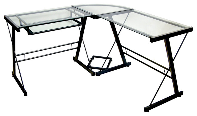 Glass Corner Computer Desk With Black Metal Base Contemporary