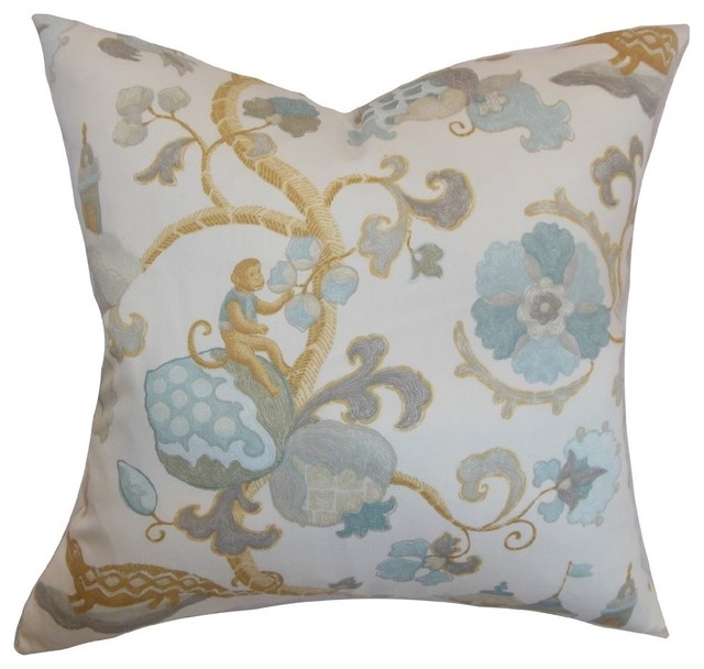 Majella Floral Pillow Natural Aqua - Contemporary - Decorative Pillows - by The Pillow Collection