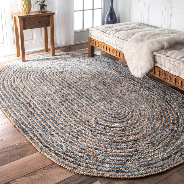 Hand Braided Jute and Denim Striped Area Rug Beach Style Area Rugs