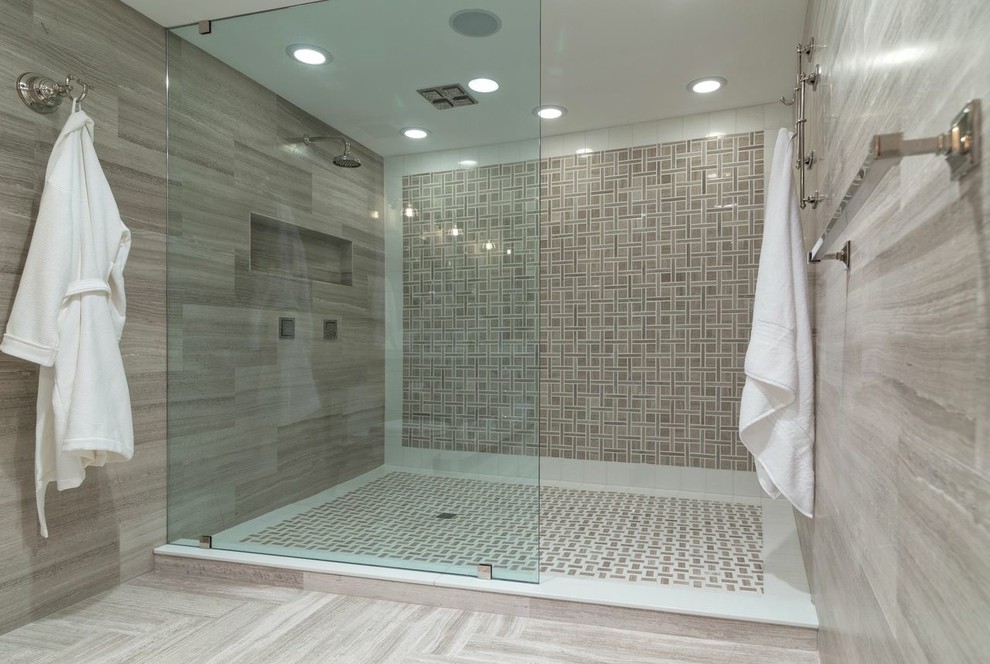 Design ideas for a large transitional master bathroom in Boston with an alcove shower, brown tile, porcelain tile, porcelain floors and brown floor.