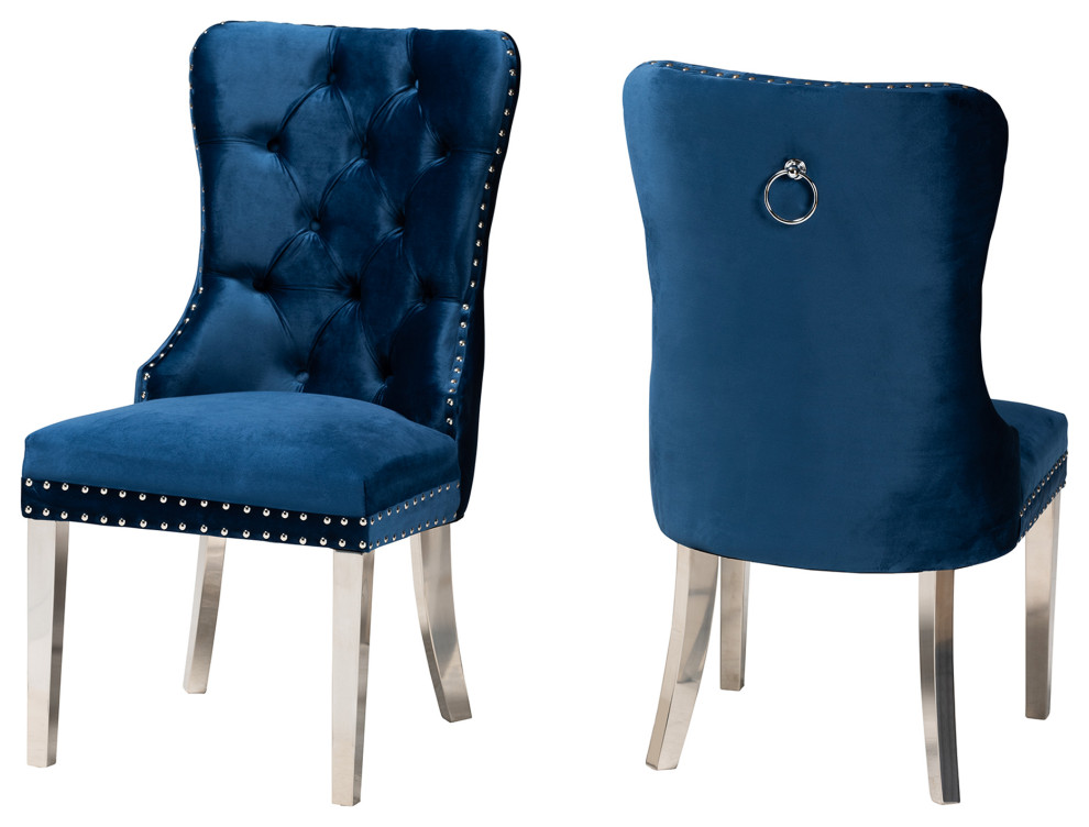 Erna Velvet 2-Piece Dining Chair Set, Navy Blue/Silver