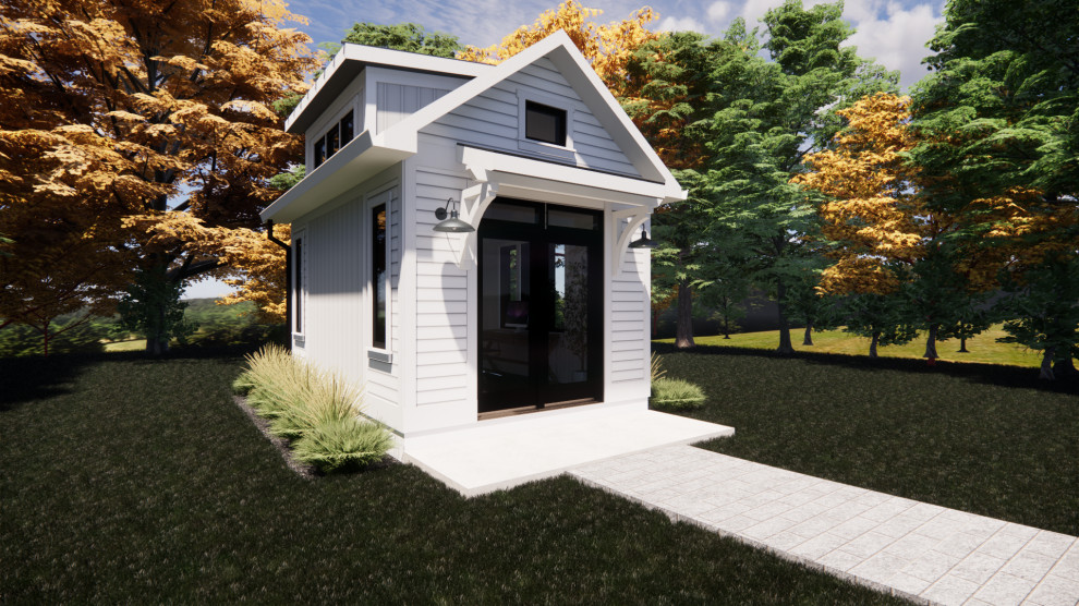 Kleines, Einstöckiges Country Tiny House mit Faserzement-Fassade, weißer Fassadenfarbe, Satteldach, Blechdach, schwarzem Dach und Wandpaneelen in Boston