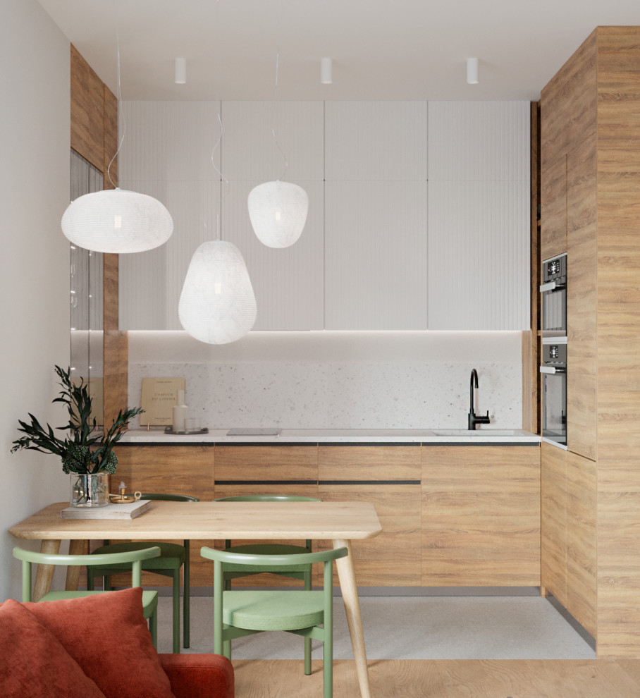 Photo of a small contemporary u-shaped eat-in kitchen in Moscow with an undermount sink, flat-panel cabinets, medium wood cabinets, quartz benchtops, grey splashback, engineered quartz splashback, black appliances, porcelain floors, no island, grey floor and grey benchtop.