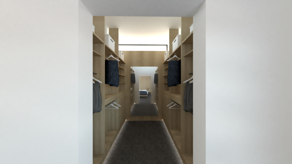 Ejemplo de armario vestidor unisex y abovedado actual de tamaño medio con armarios con paneles lisos, puertas de armario de madera clara y moqueta