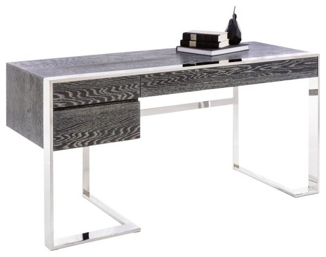 Modern Desk, German Oak Veneer and Polished Stainless Steel Base