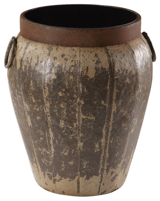 Rustic Brown Aged Metal Drum Accent Table Vintage Style Iron Round