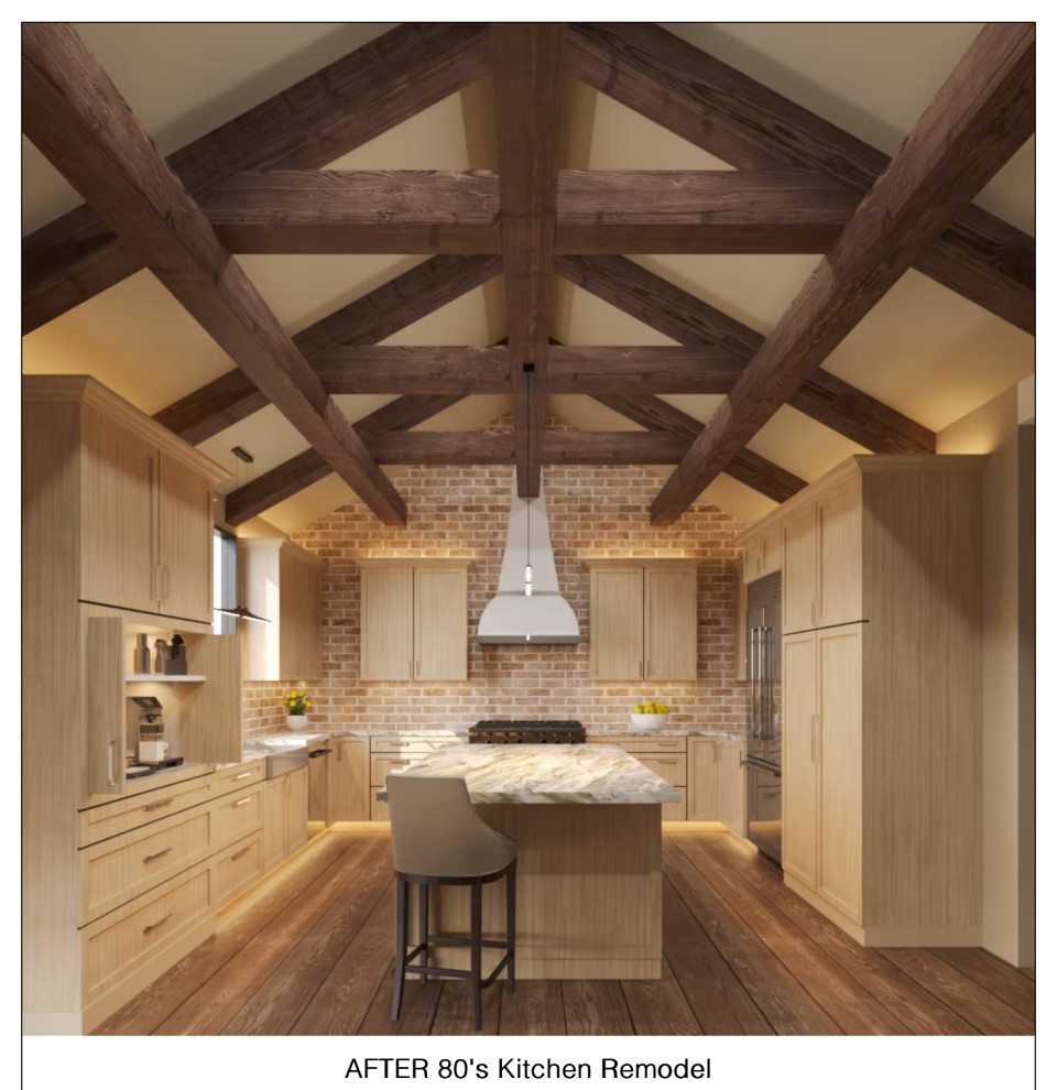 Eat-in kitchen - large transitional u-shaped dark wood floor, brown floor and exposed beam eat-in kitchen idea in Austin with a farmhouse sink, shaker cabinets, light wood cabinets, quartzite countertops, multicolored backsplash, brick backsplash, stainless steel appliances, an island and green countertops