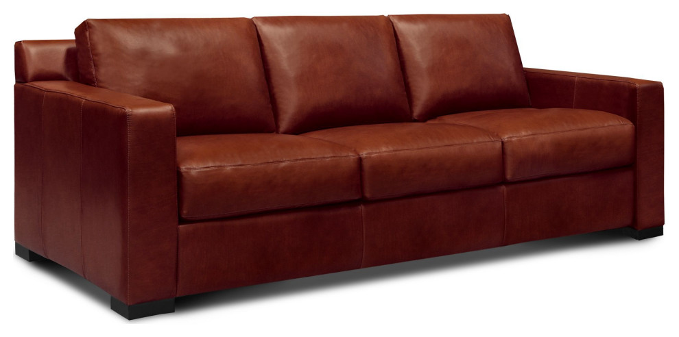 Santiago 100% Top Grain Leather Mid-century Sofa, Russet Red-Brown