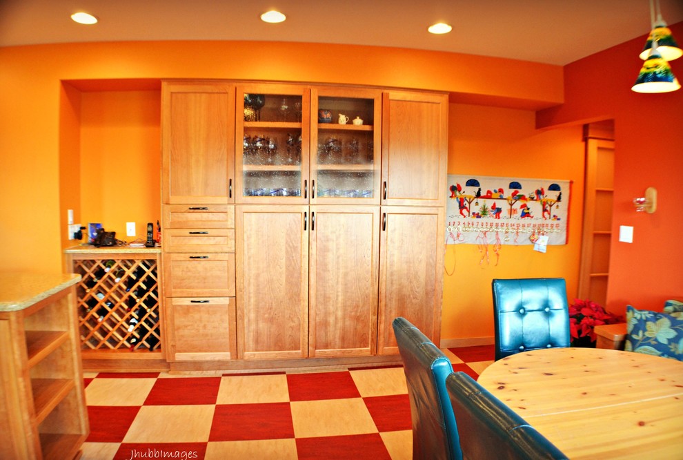 This is an example of a large arts and crafts galley eat-in kitchen in Other with shaker cabinets, quartzite benchtops, medium wood cabinets and linoleum floors.
