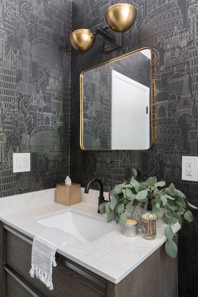 Design ideas for a transitional powder room in Other with flat-panel cabinets, grey cabinets, grey walls, an undermount sink and white benchtops.