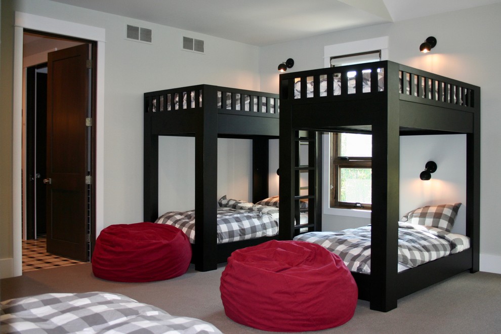 Expansive contemporary kids' bedroom in Other with white walls, carpet and beige floor.