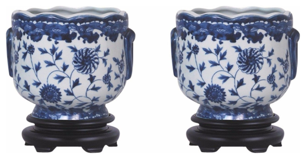 Set of 2 Round Scallop Rim Blue and White Floral Porcelain Pot Base 7"