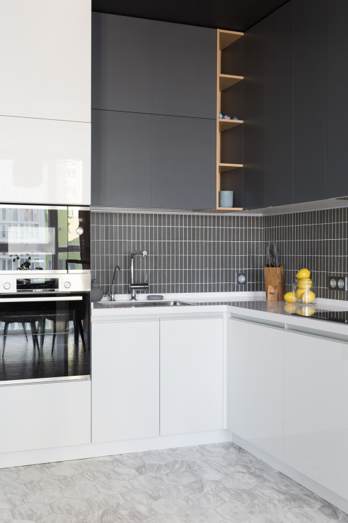 Monochrome Minimalism: Kitchen Sink Backsplash Ideas with Wood Open Shelves
