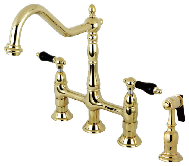 Kingston Brass Bridge Kitchen Faucet With Brass Sprayer, Polished Brass