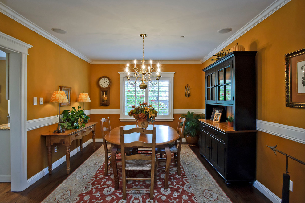 Design ideas for a traditional separate dining room in San Francisco with orange walls and dark hardwood floors.