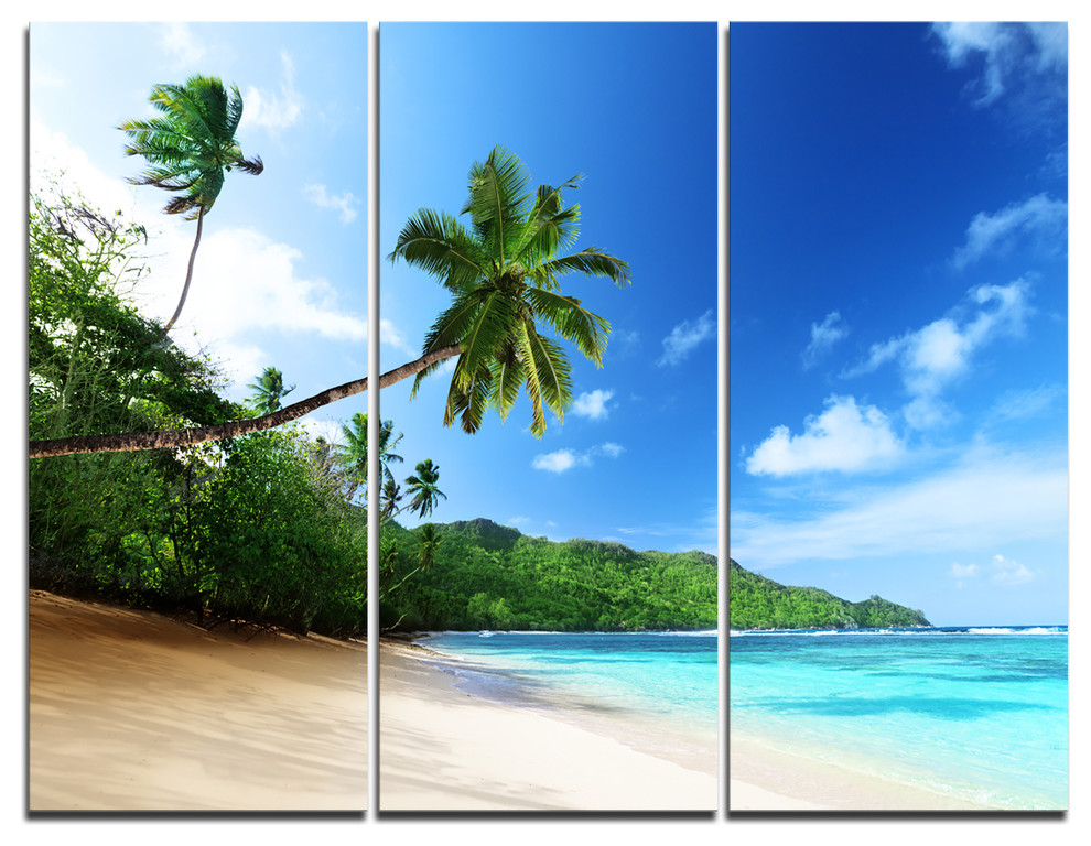 "Sunset Beach With Palm" Photography Canvas Print, 3 Panels, 36"x28"