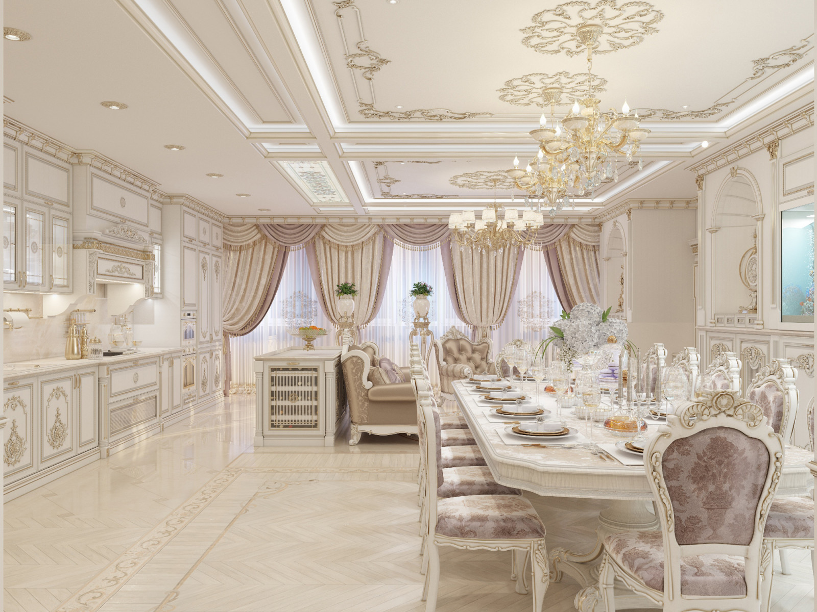 Проект "Дворянское гнездо", г. Новосибирск (блок кухни-гостиной)