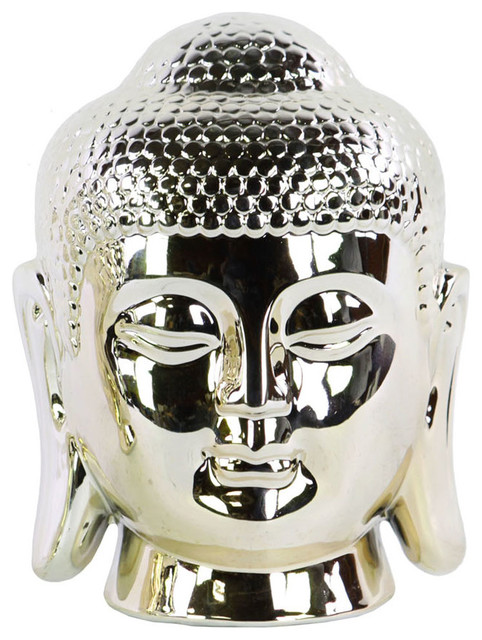 Ceramic Buddha Head With Bun Ushnisha Polished Chrome Champagne - Asian ...