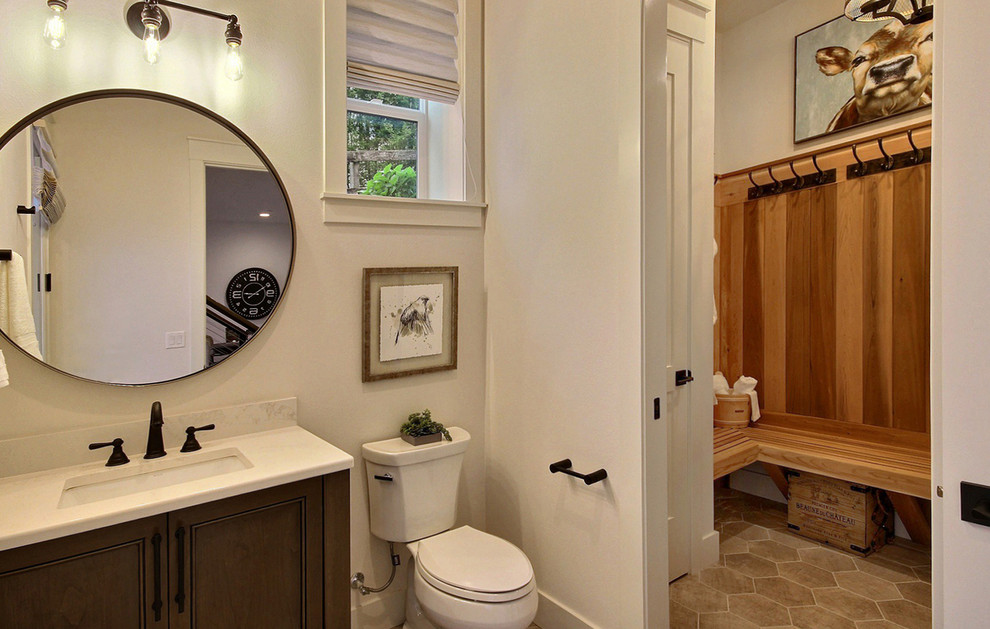 Inspiration for an expansive country bathroom in Portland with shaker cabinets, brown cabinets, a two-piece toilet, white walls, ceramic floors, an undermount sink, engineered quartz benchtops, brown floor, white benchtops, a freestanding tub, a double shower, multi-coloured tile, ceramic tile, with a sauna and an open shower.