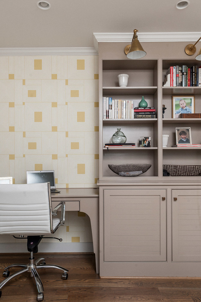 Inspiration for a transitional home office in Birmingham with multi-coloured walls and a built-in desk.
