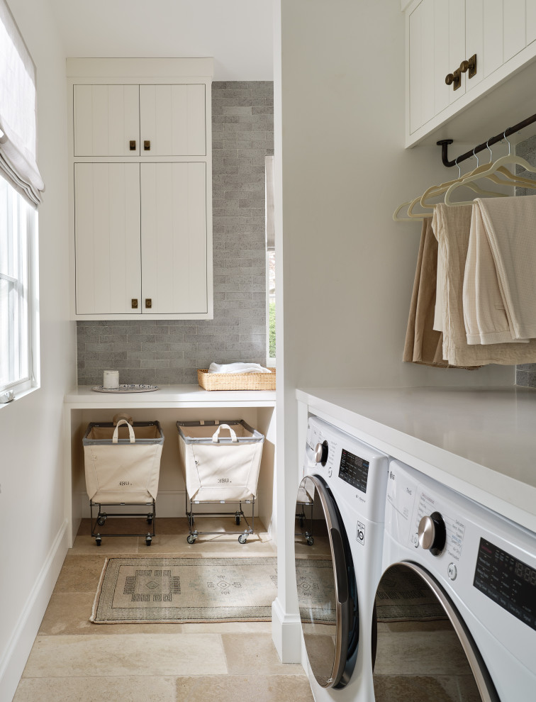 This is an example of a transitional laundry room.
