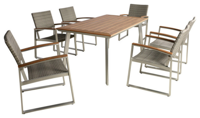 GDF Studio Tabby Outdoor Al 7Pcs Dining Set With Chairs, Silver/Gray Wicker
