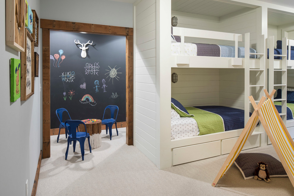 Large transitional gender-neutral kids' room in Minneapolis with white walls, carpet and beige floor for kids 4-10 years old.