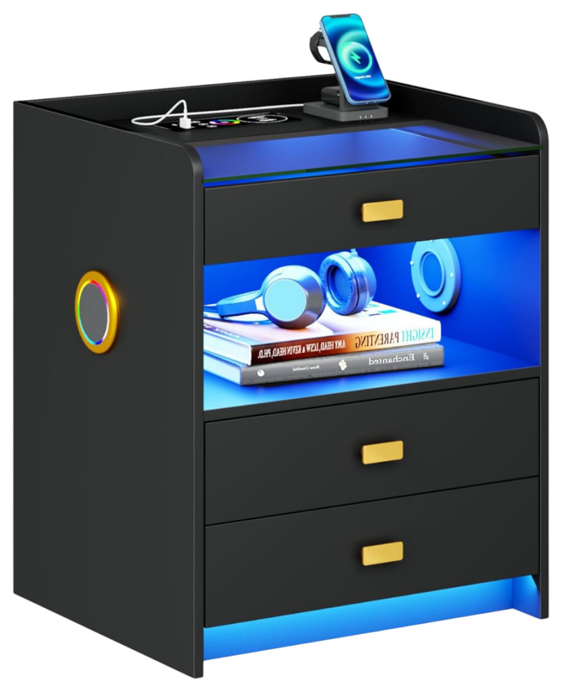 Modern Nightstand, Unique Design With Wireless Charge and Bluetooth Speaker Modern