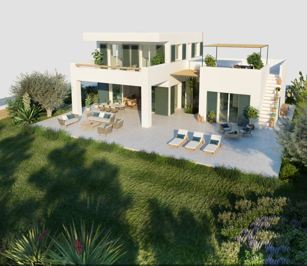 Modelo de fachada de casa blanca y gris mediterránea de tamaño medio de dos plantas con revestimiento de aglomerado de cemento, tejado plano, tejado de varios materiales y escaleras