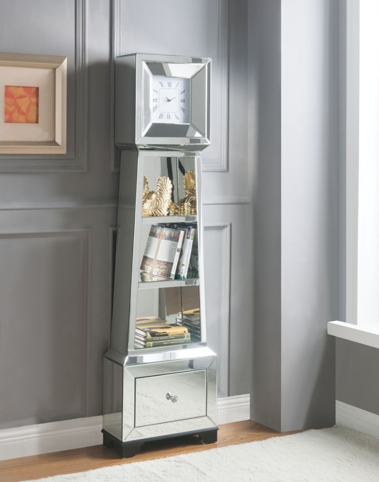 Fully Mirrored Wooden Grandfather Clock with Storage & Display Space