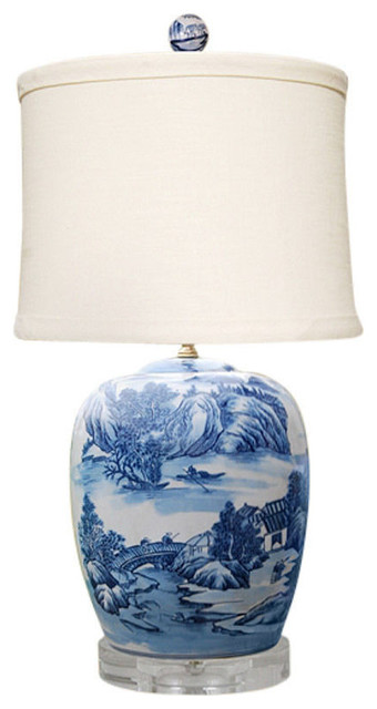 Blue And White Willow Porcelain, Lily Ginger Jar Porcelain Table Lamp