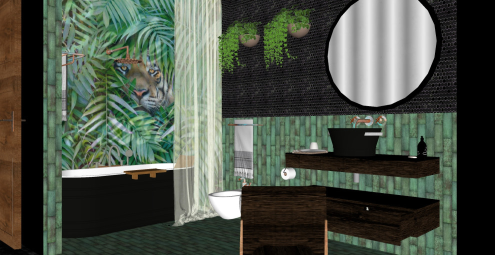 Свежая идея для дизайна: главная ванная комната среднего размера в стиле фьюжн с отдельно стоящей ванной, душем над ванной, биде, зеленой плиткой, керамической плиткой, зелеными стенами, полом из цементной плитки, столешницей из дерева, зеленым полом, шторкой для ванной, коричневой столешницей и тумбой под одну раковину - отличное фото интерьера