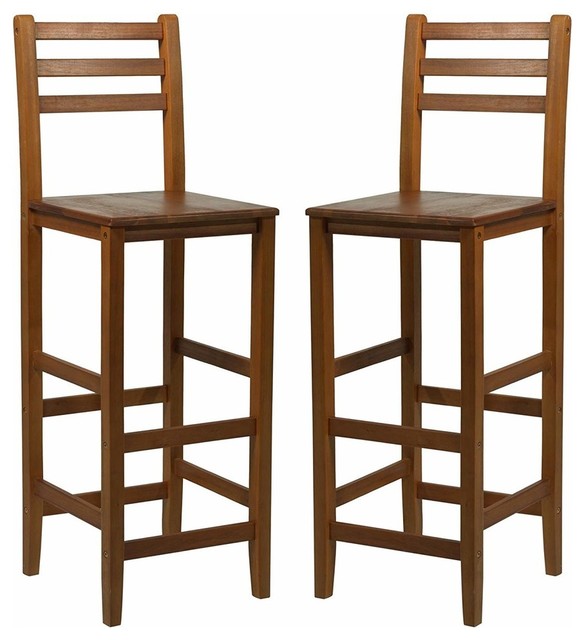Traditional Set of 2 Bar Stools, Acacia Hardwood With Backrest and Footrest