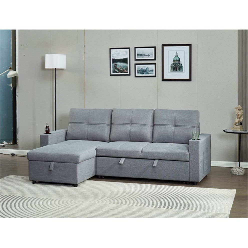 Pemberly Row Reversible Fabric Sleeper Sectional with USB in Gray