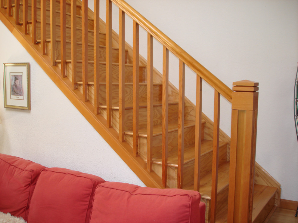 Custom Wood Stair Railing and Wood Flooring on Stairway and Hall