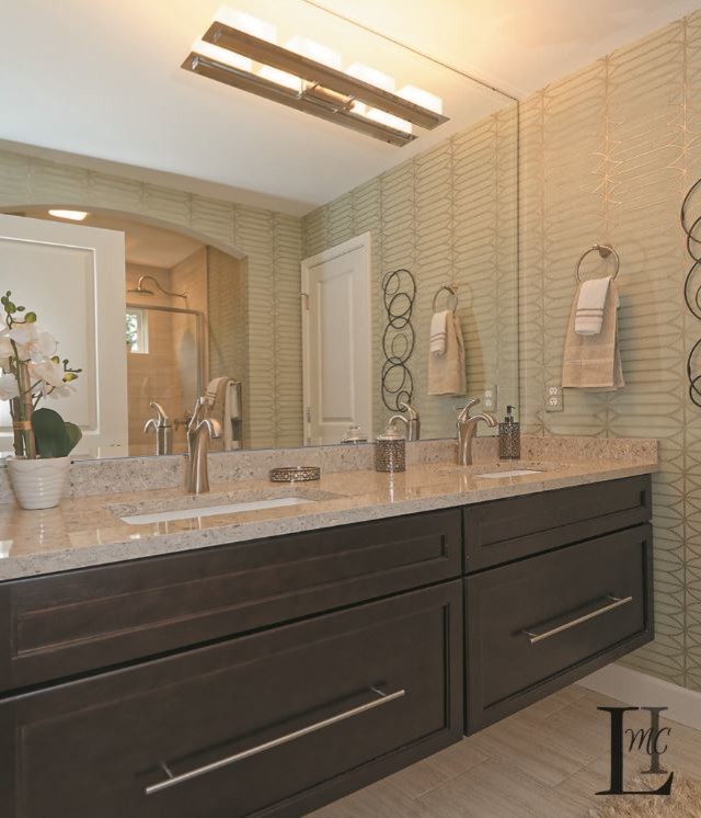 Example of a transitional beige tile porcelain tile and beige floor bathroom design with blue walls, quartz countertops, a hinged shower door and beige countertops