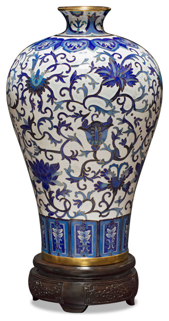 Cloisonne Vase With Rosewood Stand Imperial Blue And White Vine