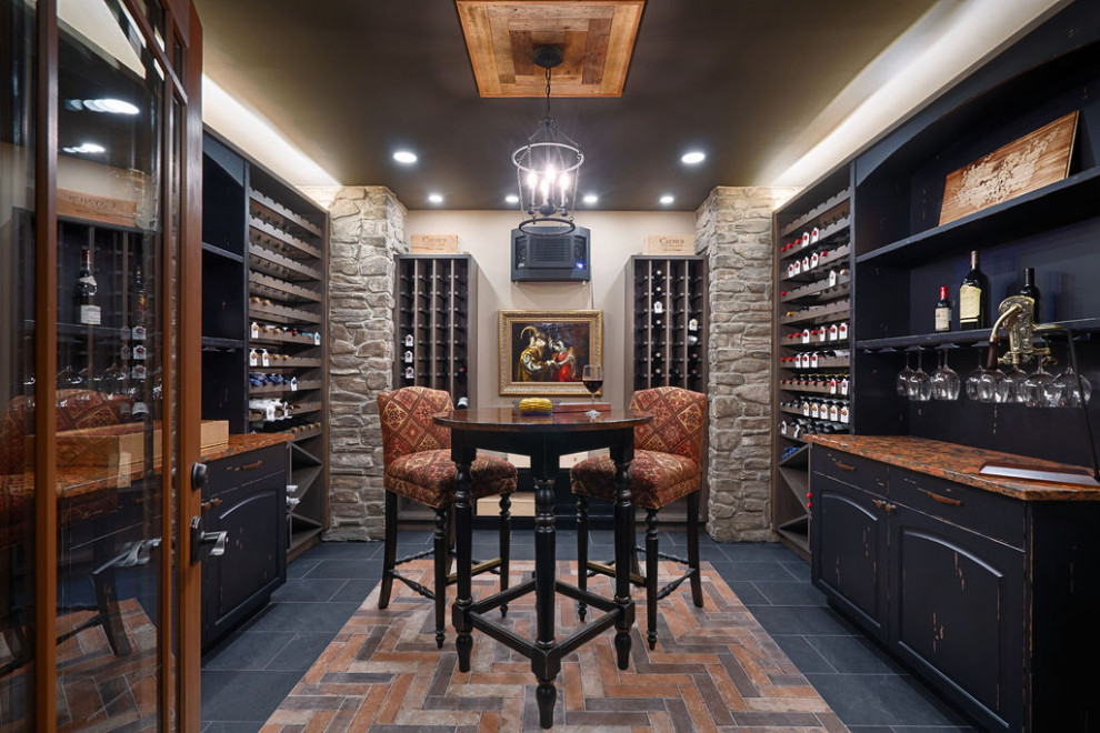 Design ideas for a mid-sized country wine cellar in Columbus with porcelain floors and multi-coloured floor.