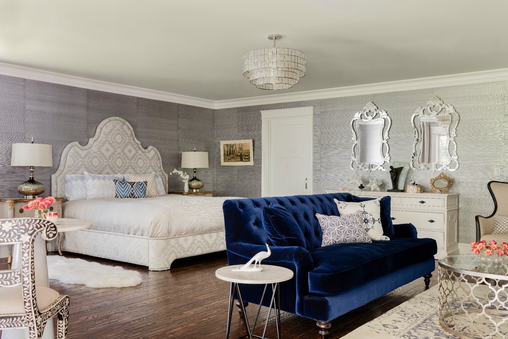 Bedroom - large traditional master medium tone wood floor bedroom idea in Boston with gray walls and no fireplace