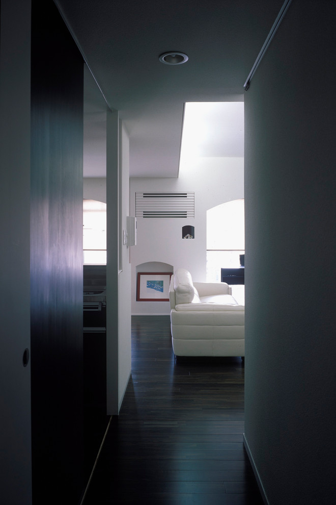 Inspiration pour une petite entrée design avec un couloir, un mur blanc, parquet foncé, une porte simple, une porte grise, un sol marron, un plafond en papier peint et du papier peint.