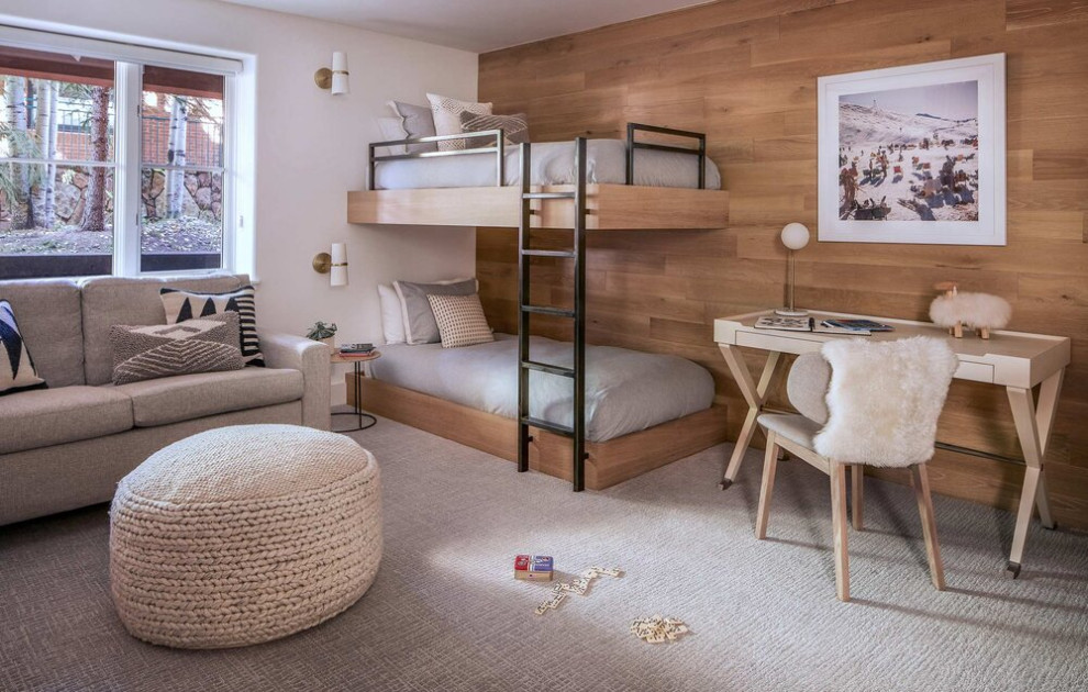 Mittelgroßes Modernes Hauptschlafzimmer ohne Kamin mit Teppichboden in Denver