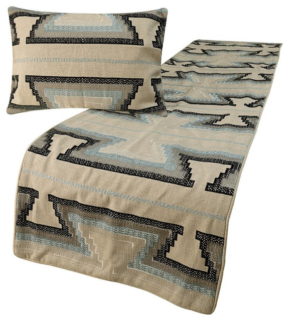 King 90"x18" Bed Throws Runner & Pillow Cover Embroidered Cotton, Aztec Armour