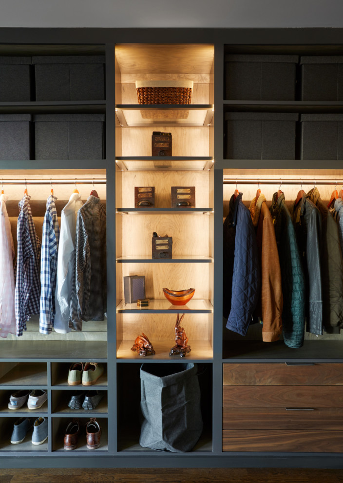 Contemporary men's storage and wardrobe in Nashville with open cabinets and grey cabinets.