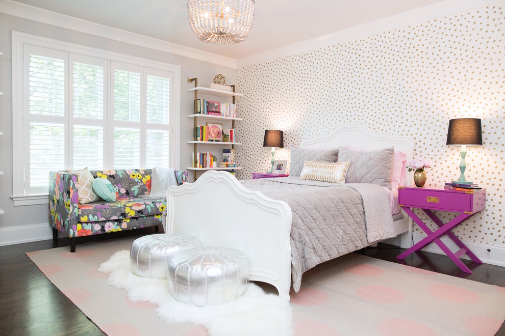 Mid-sized eclectic kids' room in Philadelphia with dark hardwood floors, brown floor and white walls for girls.