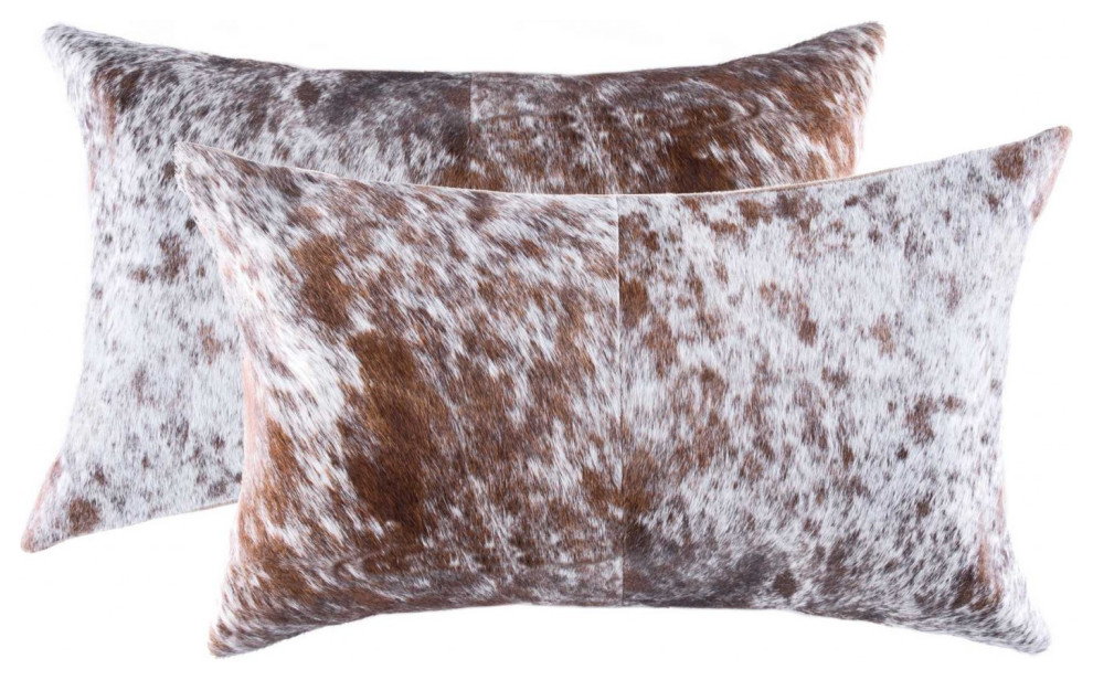12"x20"x5" Salt and Pepper White and Brown Cowhide Pillow, Set of 2